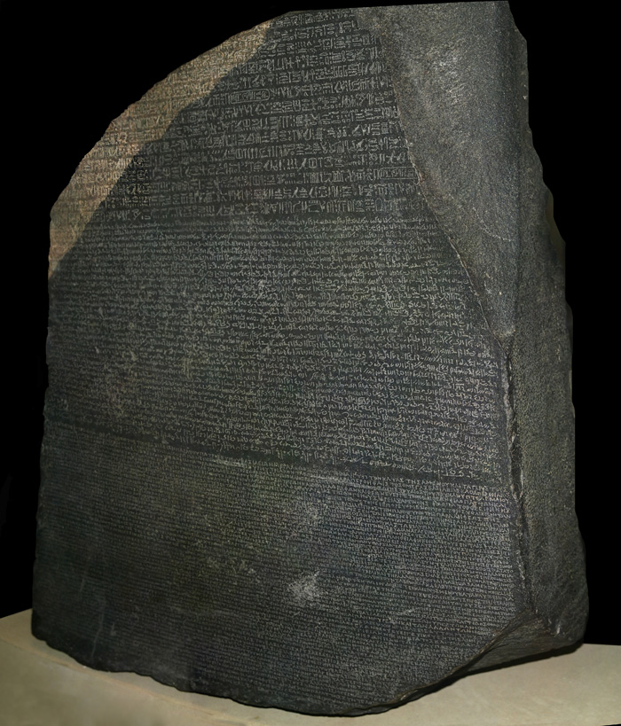 La Piedra de Rosetta (creada el 196 A.C), piedra con los tres tipos de inscripciones: jeroglífico, egipcio demótico y griego La Piedra de Rosetta (creada el 196 A.C), piedra con los tres tipos de inscripciones: jeroglífico, egipcio demótico y griego