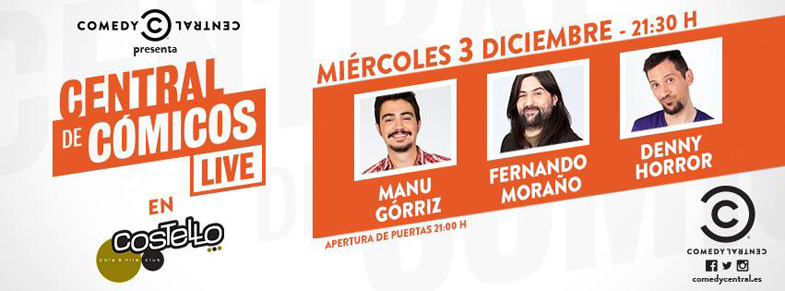 Imagen anunciando a los tres cómicos Manu Górriz, Denny Horror y Fernando Moraño