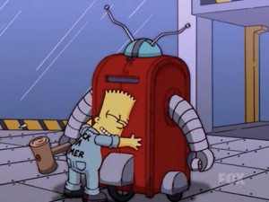 Homer Simpson haciéndose pasar por robot para restaurar la confianza de Bart.