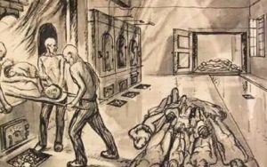 Un dibujo en el que aparecen soldados de las SS introduciendo cuerpos a las cámaras de gas