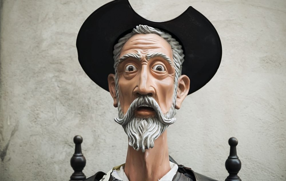 Ilustración del expresivo rostro del personaje literario de Don Quijote de la Mancha