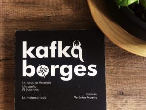 Portada de la edición Borges Kafka con ilustraciones en los nombres de los autores Borges y Kafka por Verónica Moretta.