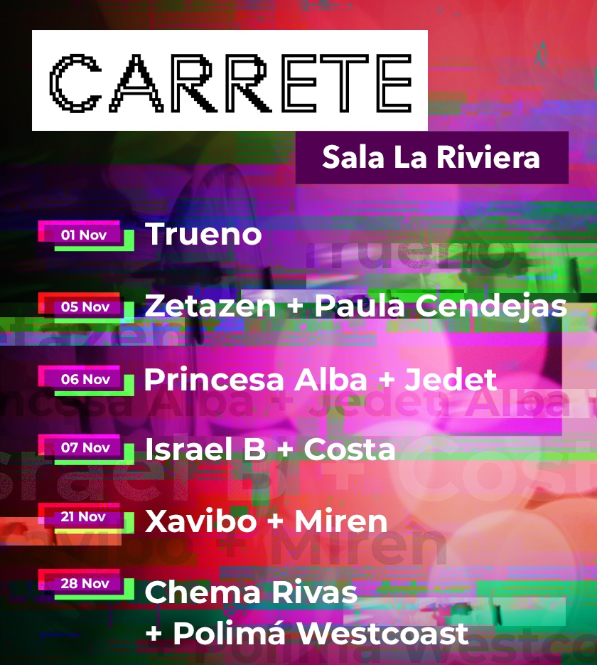 Cartel del ciclo Carrete, con todos los artistas distribuidos por días durante el mes de noviembre.
