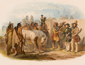 The travellers meeting with Minatarre indians near Fort Clark, Karl Bodmer, 1832-34.
