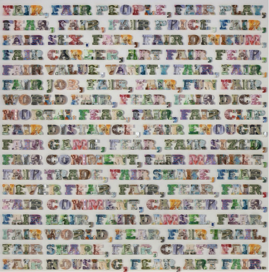 Obra "FAIR / FEAR PEOPLE", hecha con los billetes de los 30 países más ricos del mundo