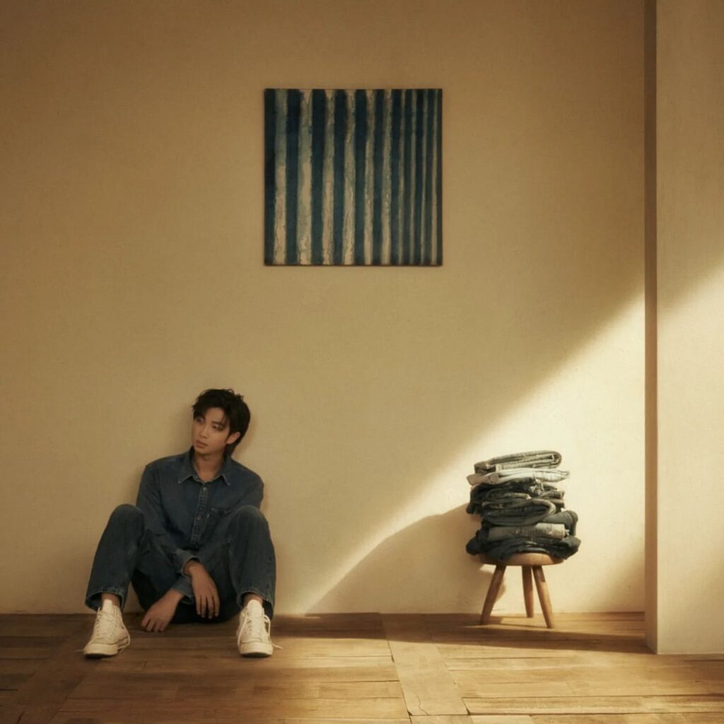 RM posa sentado para la portada de 'Indigo' en el suelo, con un cuadro de rayas blancas y azules y una pila de pantalones vaqueros a su derecha, en una habitación al atardecer