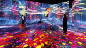 Universe of water particles on a rock hill' / 'Forest of flowers and people' / 'Lost'. teamLab Borderless Shanghai.