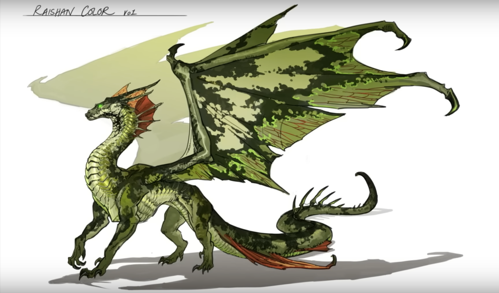 Arte conceptual de Raishan, la dragona verde de gas venenoso