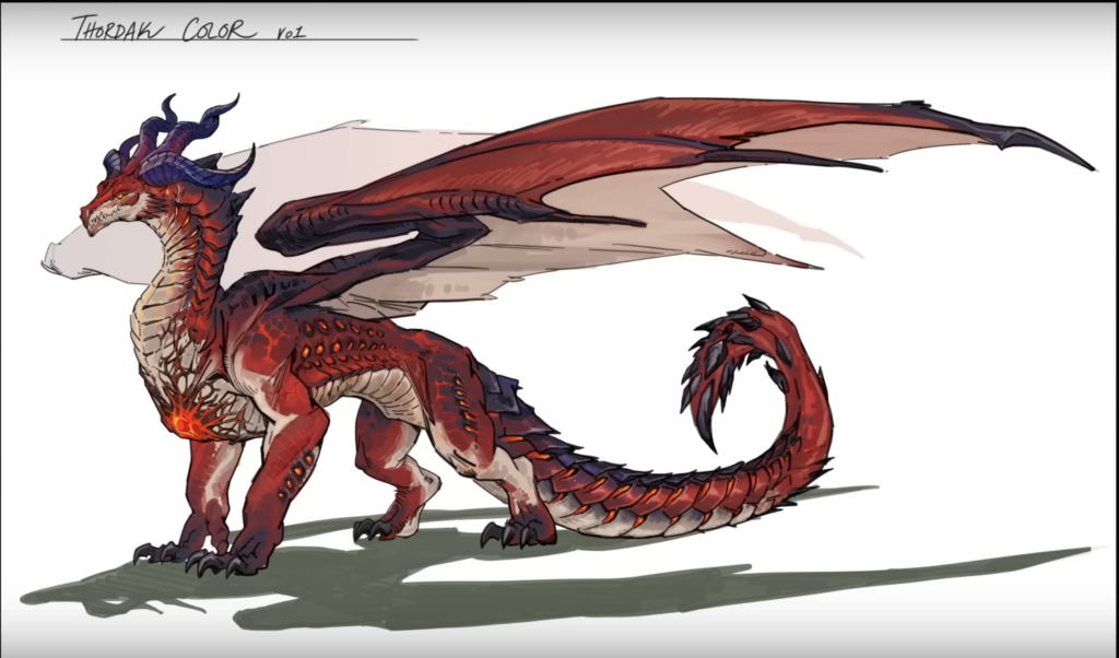Arte conceptual de Thordak, el dragón rojo de fuego