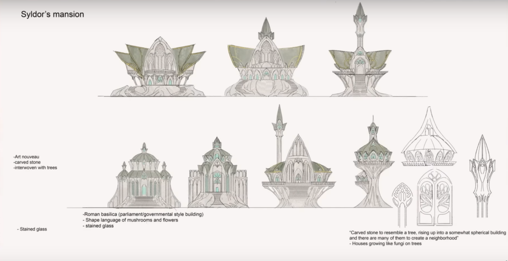 Diseño de inspiración art nouveau para los edificios élficos de Syngorn en la serie