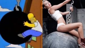 Miley Cyrus y Homer con su predicciones - Tomada de TW