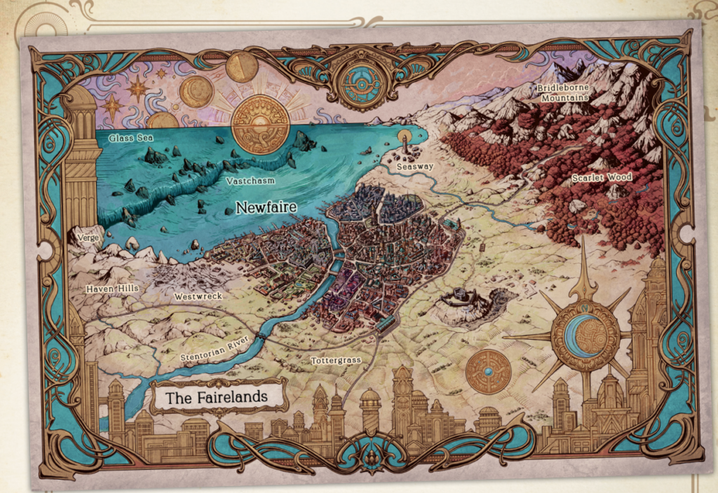 Mapa a color de las Fairelands, contenido dentro de la Guía de Juego de 'Candela Obscura'