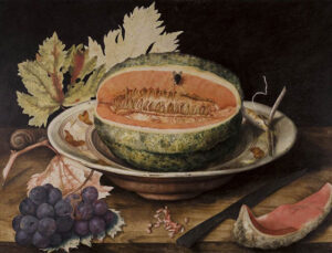 Giovanna Garzoni - Naturaleza muerta con melón en un plato, uvas y un caracol (1650)