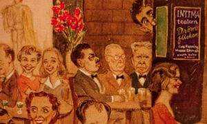 Ilustración caricaturesca del interior del restaurante Teatergrillen en Estocolmo.